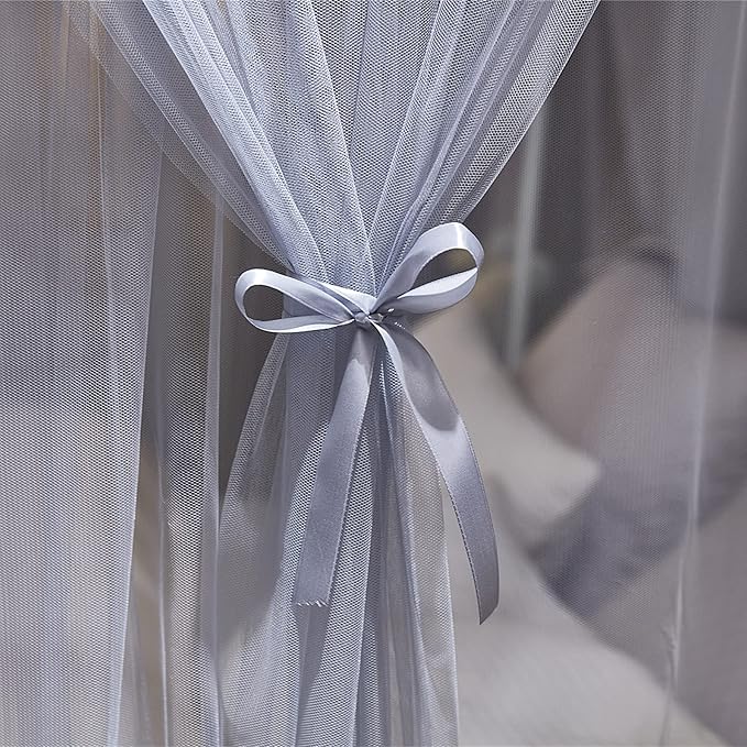 VETHIN 4 Corners Post Princess Bed Canopy Curtain Double Layer Cozy Drape Netting 4 Opening Mosquito Net for Girls & Adults Bedroom Decoration Accessories (Double Gray, 53" W*78" L*82"*H/(Full))