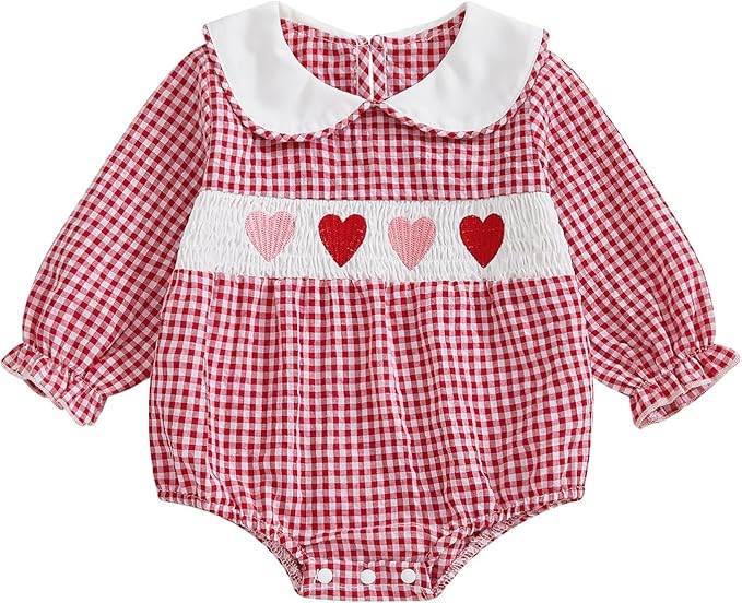 Amiblvowa Baby Girl Valentines Day Outfit Embroidery Love Heart Smocked Bubble Romper Bodysuit Cute Infant Newborn Clothes