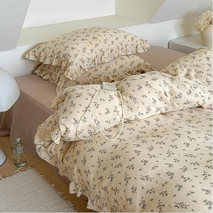 BuLuTu Vintage Floral Duvet Cover Full Bed 100% Cotton Muslin Comforter Cover Chic Shabby Hyacinth Flower Print Duvet Covers with Ruffles, 90"x79", No Pillowcases