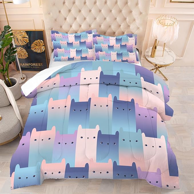 Cat Comforter Set Queen: Cute Gradient Cats Bedding Set for Women Tween Girls Adult Kawaii Kitten Quilts 3 Piece Pet Animal Print Bed Sets 1 Comforter & 2 Pillowcases