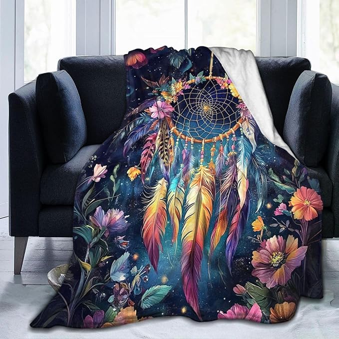 Dream Catcher Blanket Floral Feather Decor Throw Blanket Super Soft Flannel Lightweight Fluffy Plush Cozy Fuzzy Fleece Gifts Blanket for Girl Woman Man Boys Kids Adults for Bed Sofa 40"X50"