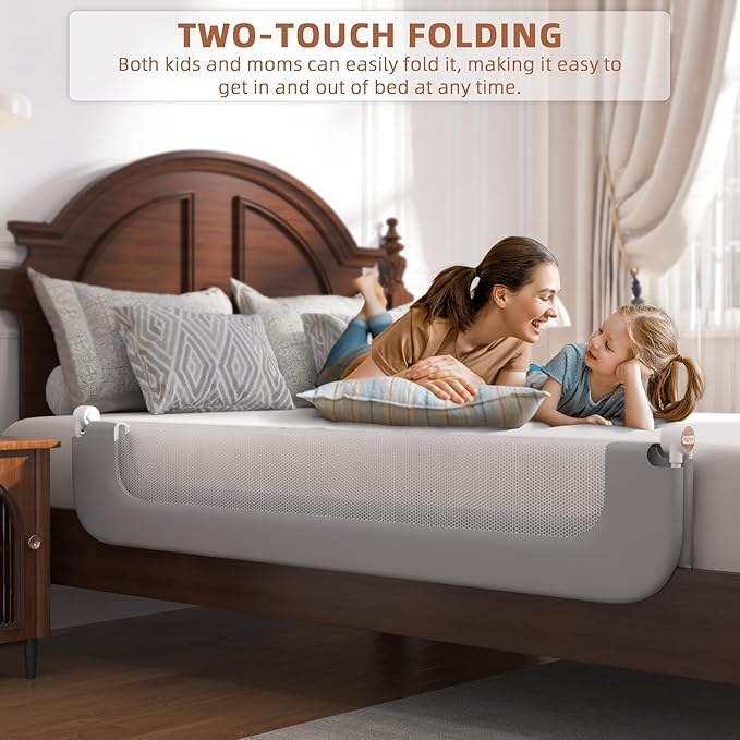 Bed Rail for Toddlers, Baby Bed Rail Guard for Kids, Toddler Bed Rails with Reinforced Anchor Fit, Height Adjustable & Foldable Bed Rail Guard for Twin, Full, Queen & King Beds (Grey, 59IN)