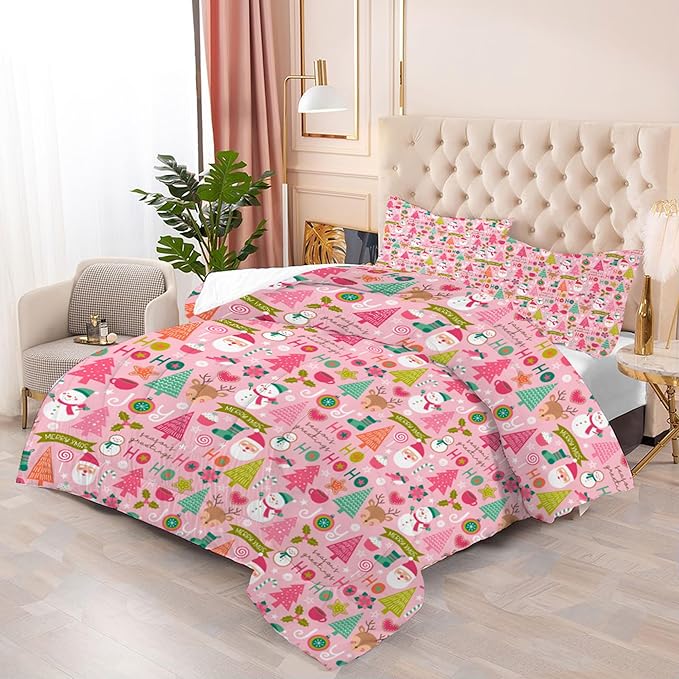 Pink Christmas Comforter Twin: Merry Xmas Santa Claus Bedding Set for Kids Teen Girls Boys Christmas Tree Snowman Elk Quilts Festival Decor Bed Set 1 Comforter & 1 Pillowcase