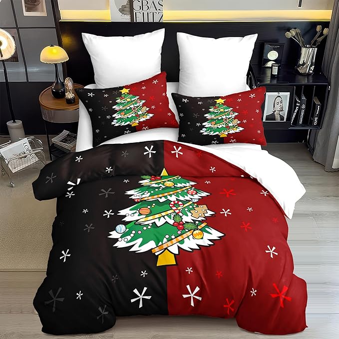 Christmas Duvet Cover Twin Size Black Red Christmas Tree Bedding Set 2 Pieces Kids Boys Girls Xmas Couple Holiday Comforter Cover with Zipper Closure and 1 Pillowcase (No Comforter)