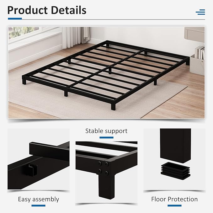 5 Inch Low Queen Bed Frame Heavy Duty Metal Platform, No Box Spring Needed, Easy Assembly Mattress Foundation, No Noise, Black