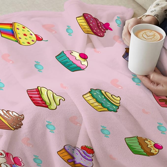 Thuswarm Cupcake Candy Pink Flannel Throw Blanket Warm Cozy Soft Funny Print Blankets for Bed Couch Sofa Room Decoration Gifts 50”×40” Small for Kid