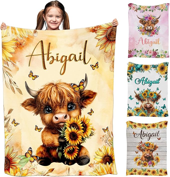 Ship Next Day, Personalized Baby Blanket for Girls Boys on Christmas Birthday, Cute Cows Blankets- Printed in USA, Custom Toddlers Blanket with Name for Baby Shower Kids Teens Toddlers Newborn
