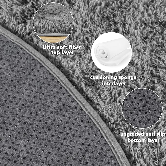 5'x5' Grey Round Rug for Bedroom, Ultra Soft Fluffy Circle Rug for Kids Girls Boys Room, Cute Shag Rugs for Living Room Playroom Teen Room Home Decor Rug