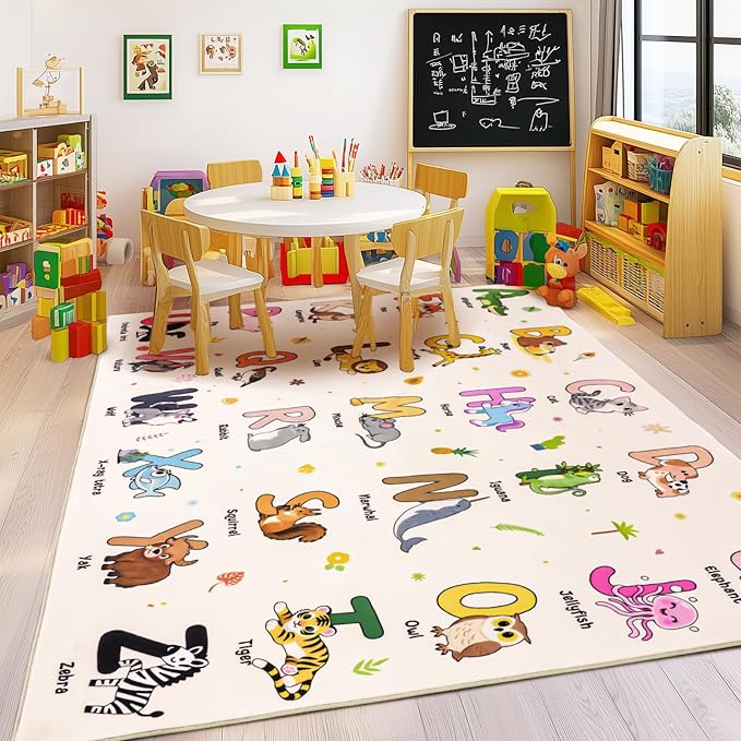 Kids Rugs for Playroom, 7x9 Feet Educational Rug for Learn The ABC Alphabet, Soft Machine Washable Non-Slip Cute Cartoon Animals Carpet for Classroom Toddler Nursery Kids Room Decor, Beige