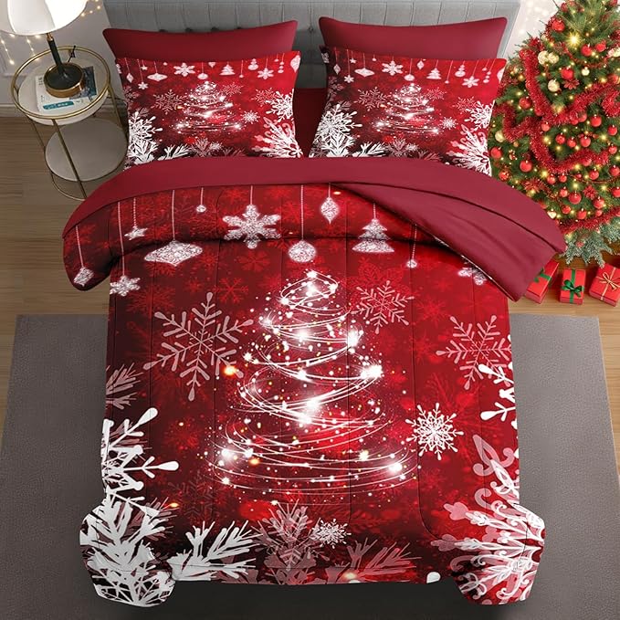 7 Pcs Queen Size Christmas Comforter Set with 2 Pillowcases & 2 Shams, Red Glitter Xmas Tree Bedding for Kids and Adults, White Elegant Snowflake Bed in a Bag with Flat Fitted Sheet