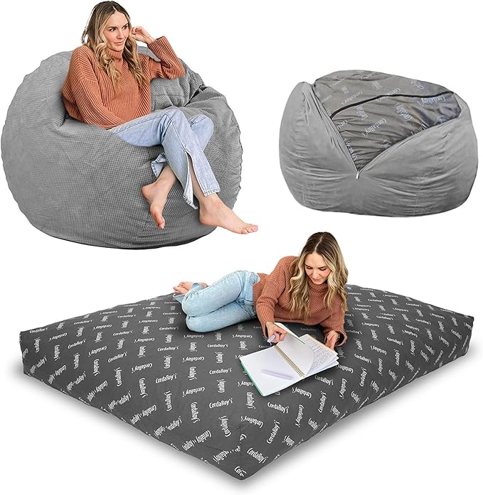 CordaRoy's Chenille Bean Bag-Convertible Bean Bag Chair-Machine-Washable Chenille Fabric Cover-for Basement,Living Room,Game Room,Dorm & More - Queen Size - Charcoal | Made in The USA