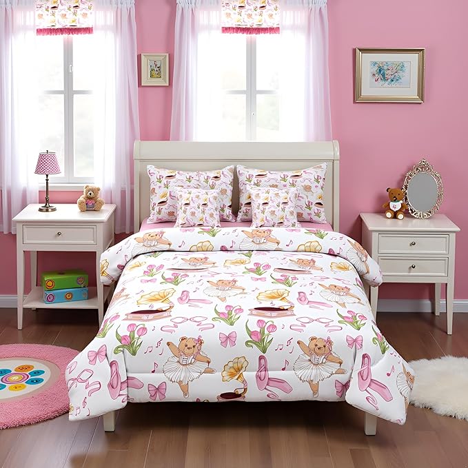 Pink Bowknot Princess Comforter Queen Size,Ballet Shoes Bear Dancer Cartoon 7 Pcs Bedding Set,Tulip Flower Music Note Record Decor,Bow Tie Romantic （Fitted+Sheet+2 Pillowcases+2 Throw Pillow Covers）