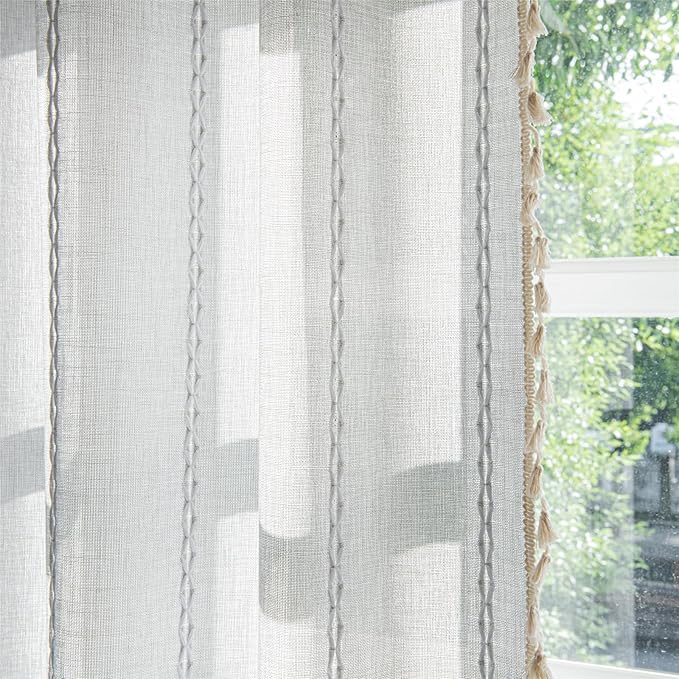 Deeprove Silver Grey Boho Curtains 72 inches Length, Vintage Bohemian Embroidery Farmhouse Cotton Linen Fringe Window Treatments Nursery Bedroom Living Room Dinging Room Decor, W52 x L72, 1 Panel