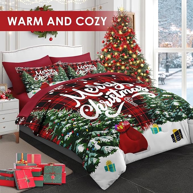 5 Pcs Twin Size Christmas Comforter Set with Pillowcase & Sham, Green Cartoon Trees Bedding for Kids and Adults, Black Red Plaid Bed in a Bag with Flat Fitted Sheet