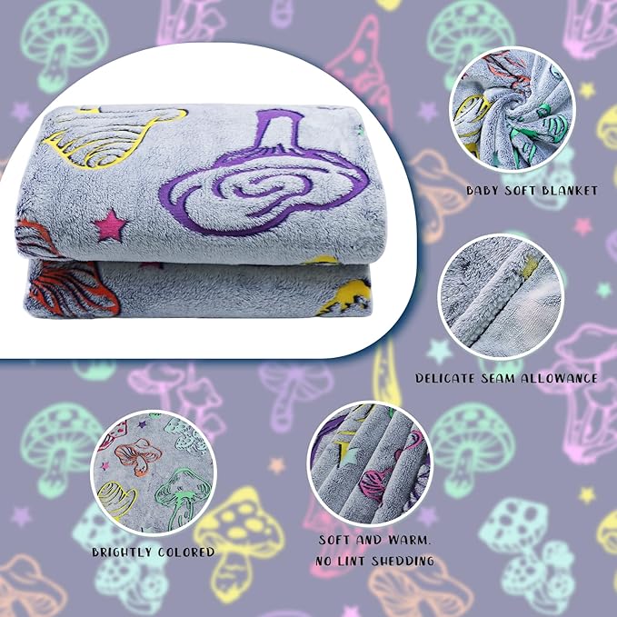 Glow in The Dark Mushroom Blanket for Adults - Soft Fleece Plush Mushrooms Throw Blanket for Bed Couch, Cottagecore Home Decor Cute Stuff Mushroom Gifts for Women 80"x60"