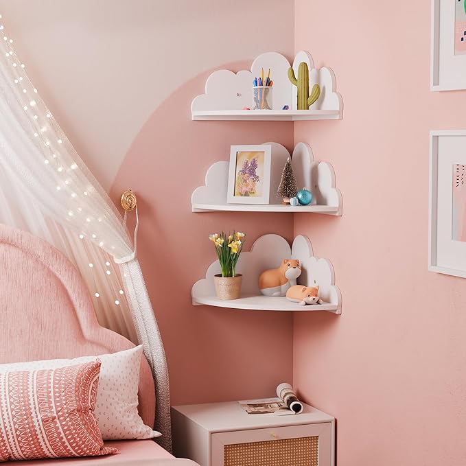 Solid Wood Cloud Floating Corner Shelves for Nursery, Set of 3 Cloud Shaped Wall Shelf, Cute Corner Shelves Wall Mounted White, Small Display Shelf Nursery Decor for Bedroom, Living Room, Bathroom