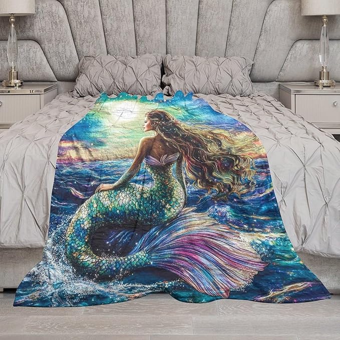 Mermaid Blanket Navy Mermaids Gifts for Girls Boys Woman Kids Ocean Mermaid Lover Coastal Throw Blankets Soft Blanket Warm Fleece Flannel Plush Blankets for Bed Sofa Couch 40"x50"