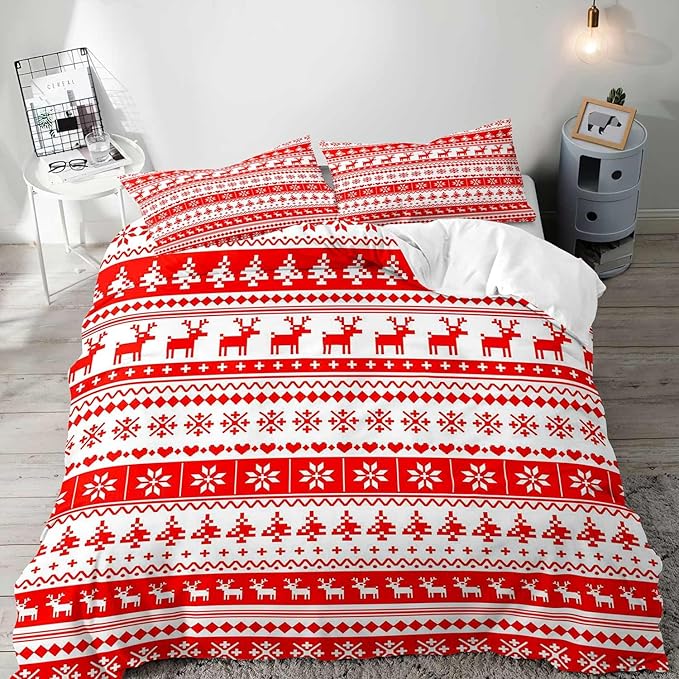 LUVIVIHOME 3PCS Christmas Duvet Cover Queen Bedding, White Red Duvet Cover, Reindeer Snowflake Poinsettia Christmas Tree Holiday New Year Xmas Striped Comforter Quilt, 2 Pillow Shams