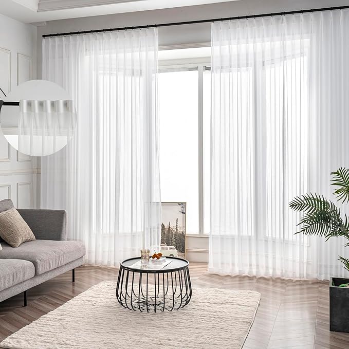 Off White Pinch Pleated Sheer Curtains 102 Inch Long 2 Panels Custom, Thin Textured Linen Look Living Room Drapes Window, Ivory Sliding Glass Door Curtain with Rings & Hooks & Back Tab