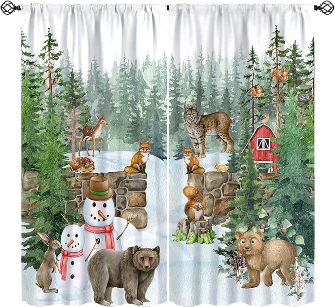 Woodland Animal Curtains, Watercolor Squirrel Hare Bear Bird Pattern Blackout Window Treatments, Rod Pocket Thermal Insulated Drapes 2 Panel Sets for Kids Bedroom Nursery Classroom, 42" W X 63" L