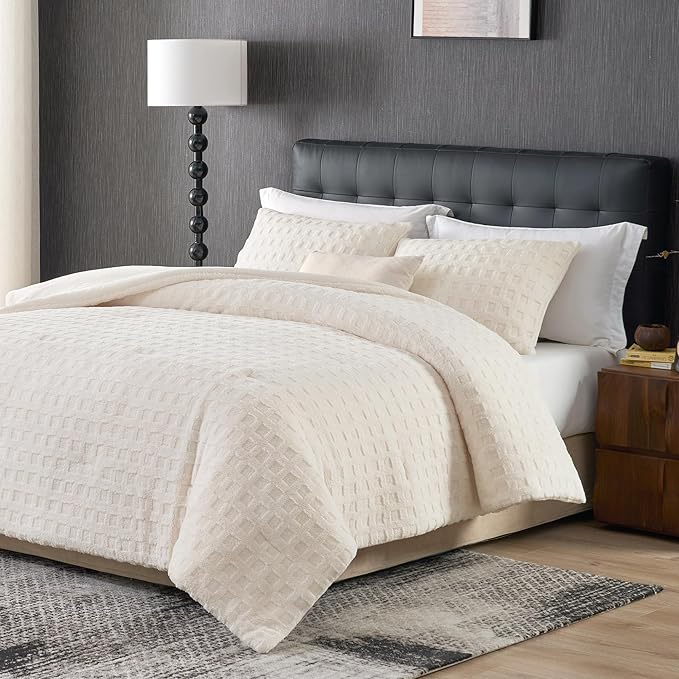 Amélie Home Waffle Comforter Queen Set, Beige Fluffy Fleece Bed Set, Super Warm Fluffy Plush Bedding Set for Winter, 3 Pieces,1 Cozy Comforter and 2 Pillowcases