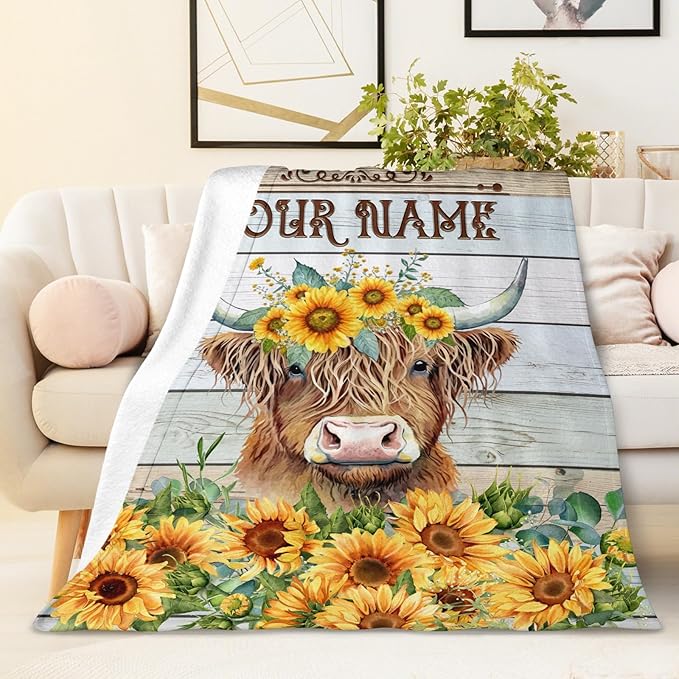 Personalized Blanket Gifts for Women Girls - 60x50 Inches Cute Highland Cow Throw Blanket for Kids Teens Adults - Yellow Soft Flannel Vintage Blankets for Bed Couch Travel