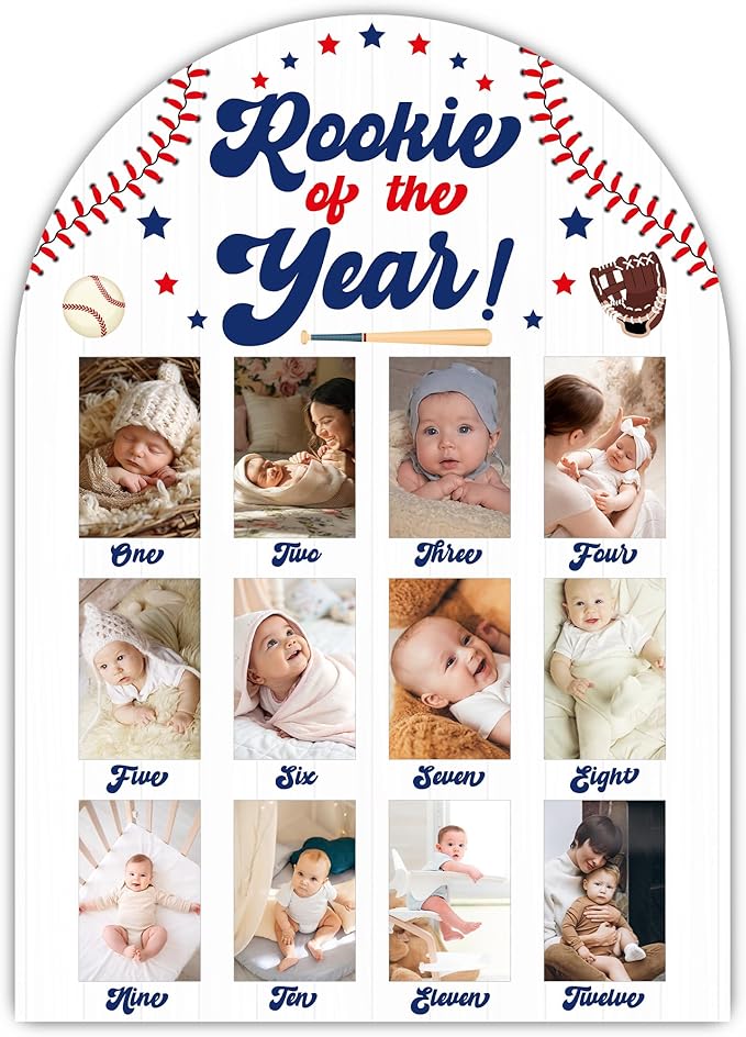 Baseball My First Year Photo Board, Rookie Of The Year Baby Milestone Signs for Boys Girls Nursery Decor, 12 Month Wooden Picture Board for 2x3 Photos, Best Babies Keepsake Gifts-A09