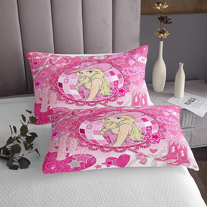 Western Cowgirl Princess Bedspread Queen Size,Cactus Cowgirl Boot Cap Bowknot Coverlet Set,Girls Women Room Decor,Star Love Heart Glitter Romantic Quilted Coverlet,Pink Bedding Quilt,2 Pillowcases