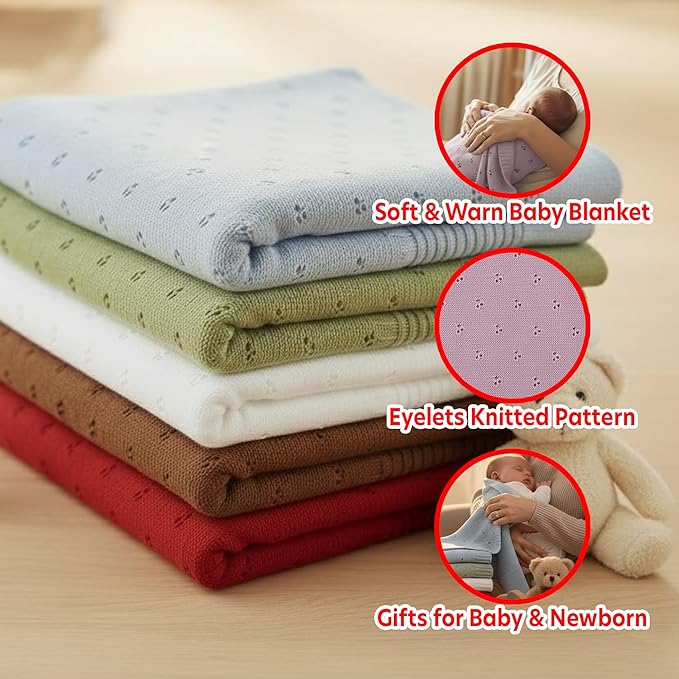 Baby Knit Blanket, 100% Cotton Eyelet Patterns, Soft, Cozy, Lightweight Swaddle for Newborn & Infant Swaddling Beige Neutral, Perfect Baby Shower Ideas Lilac 30x40
