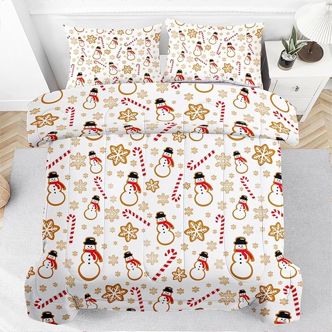 Raphus cucullatus Christmas Bedding King,Snowman Christmas Comforter Set,Holiday Bedding Winter Quilt,Snowflake Navidad Comforter Set King,Cute Candy Cane Quilt
