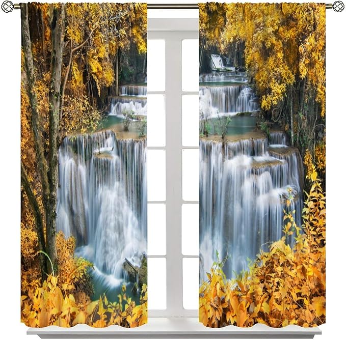 Waterfall Blackout Curtain, Autumn Season Trees Leaves Natural Landscape Window Drapes, for Bedroom Living Room 72" W X 63" L