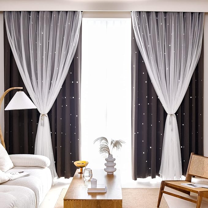 Kinryb Kids Blackout Curtains for Bedroom/Living Room/Classroom, Sheer Overlay 2 Free Tiebacks, Double Layer Curtains with Star Cutout for Kids Room(Each Piece W 70 x L 95 Inches 2 Pcs Chocolate)