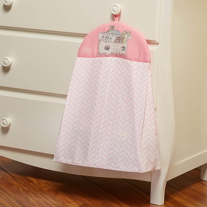 EVERYDAY KIDS Precious Moments Noah’s Ark 4 Pc Crib Bedding for Girls Nursery Set Includes Baby Bed Quilt, Fitted Sheet, Dust Ruffle and Diaper Stacker with Sweet Images of Elephants and Giraffes