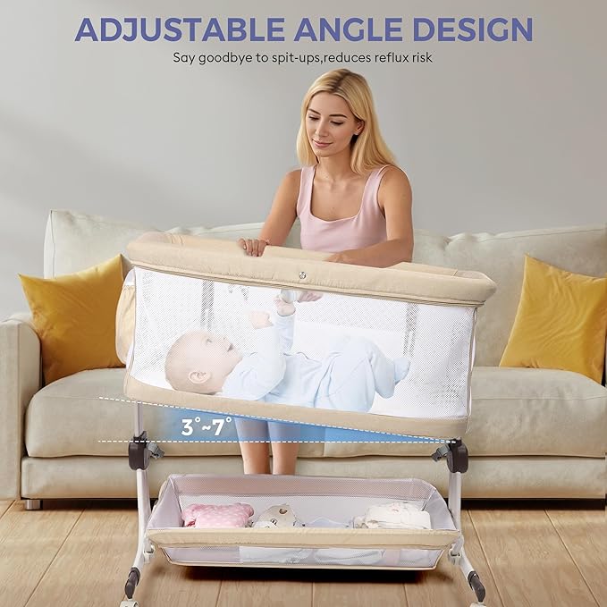 Baby Bassinet Bedside Sleeper, Upgraded Stability Bedside Crib with Full Mesh Sides, Soft Sheet, 6-Height Adjustment, Storage Basket, Easy Folding Portable Bassinet for Newborns, Beige