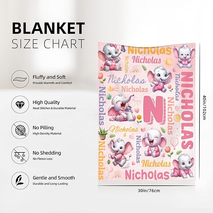 Personalized Custom Pink Elephant Preschool Blanket Gifts for Baby Toddler Kids Boys Girls - Customized Pink Elephant Soft Lightweight Flannel Sheets Decor for Crib Nap Couch - 30"x40" for Baby/Pets
