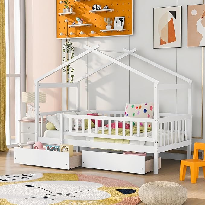 Merax Twin Size Wooden House Bed with Two Drawers, Wood Bed Frame with Roof and Safety Guardrail for Kids, Teens, Boys or Girls, White