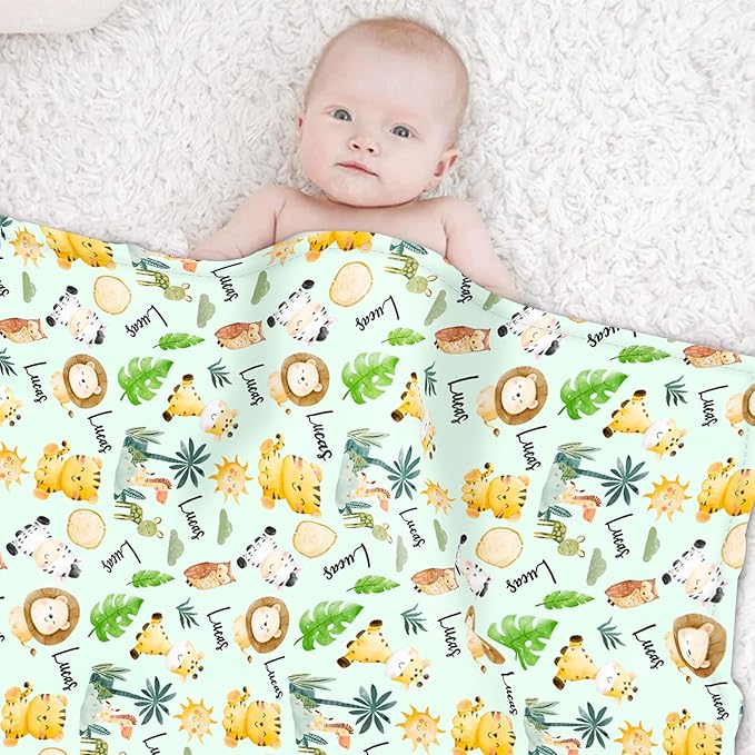 Custom Safari Animals Blanket Gift, Personalized Baby Blanket with Name, Soft Plush Flannel/Sherpa Fleece Throw Blankets for Toddler Kid Teen Boys Girls Color04