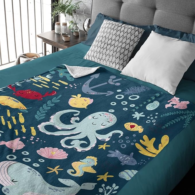 Thuswarm Cute Blue Sea Creatures Octopus Whale Flannel Blanket for Autumn Winter Gifts Warm Cozy Soft Funny Print Throw for Bed Couch Sofa 80”×60” Large for Adult