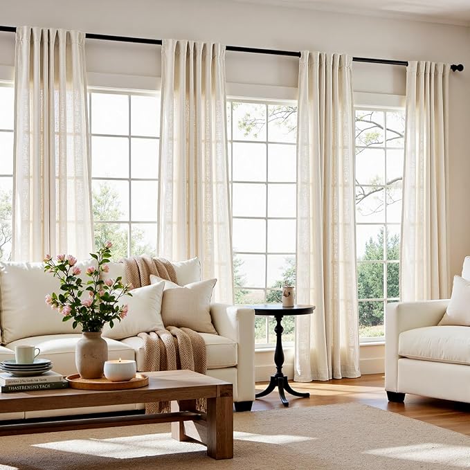 jinchan Ecru Natural Linen Blend Curtains 90 Inches Length for Living Room Divider Sliding Door Farmhouse Rod Pocket Back Tab Light Filtering Drapes Lightweight Curtains for Bedroom 4 Panels