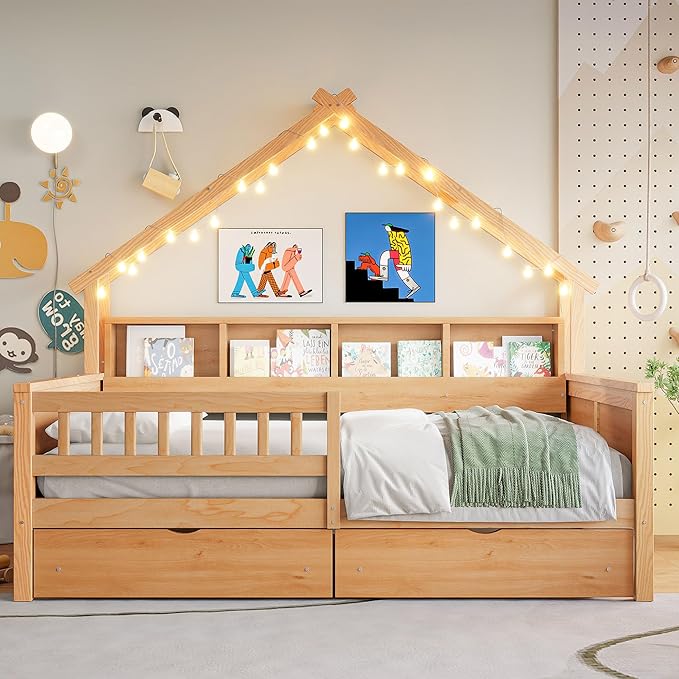 Bellemave Full House Platform Bed with Drawers Wood House Bed with Storage Shelves and LED Lights House Platform Bed Frame for Kids, Teens, Adults, No Spring Box Needed (Natural)