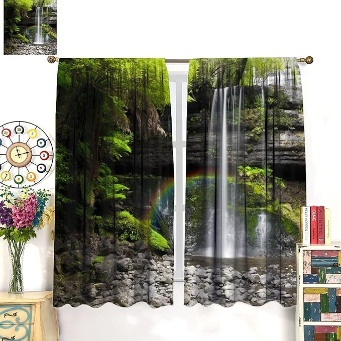 Natural Landscape Waterfall Blackout Curtains, Forest Falls Spring Natural Scenery Green Plant Tree Leaf Rod Pocket Window Drapes, for Bedroom Living Room 52" W X 84" L