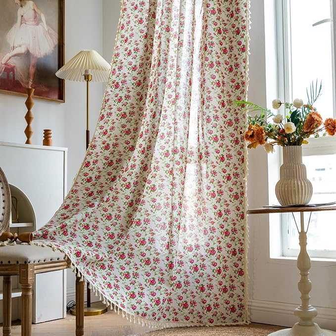 ENJOYBRIDAL Floral 84 Inch Curtains for Living Room Bedroom Drapes Farmhouse Vintage Semi Sheer Floor Length Window Curtains 2 Panel Sets Boho Cute Rustic Dining Room Rod Pocket Window Treatments
