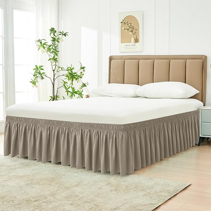 Biscaynebay Wrap Around Bed Skirts for Queen Beds 15" Drop, Taupe Adjustable Elastic Dust Ruffles Easy Fit Wrinkle & Fade Resistant Silky Luxurious Fabric Machine Washable