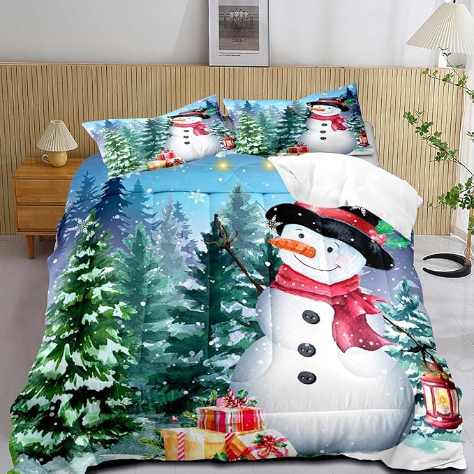 LUVIVIHOME 3PCS Merry Christmas Comforter Set King Size, Cute Funny Snowman Bedding, Winter Snowflake Pine Tree Christmas Bedroom Decor for Kids Boys Girls Teens Toddler, Xmas Gifts, 2 Pillow Shams