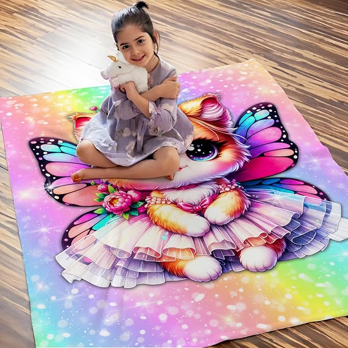 Girls Blanket, Cat Throw Blankets for Kids Teens Cat Lovers 50x60 Inches Lightweight Soft Cute Rainbow Print Throw for Sofa Couch Living Room Bed