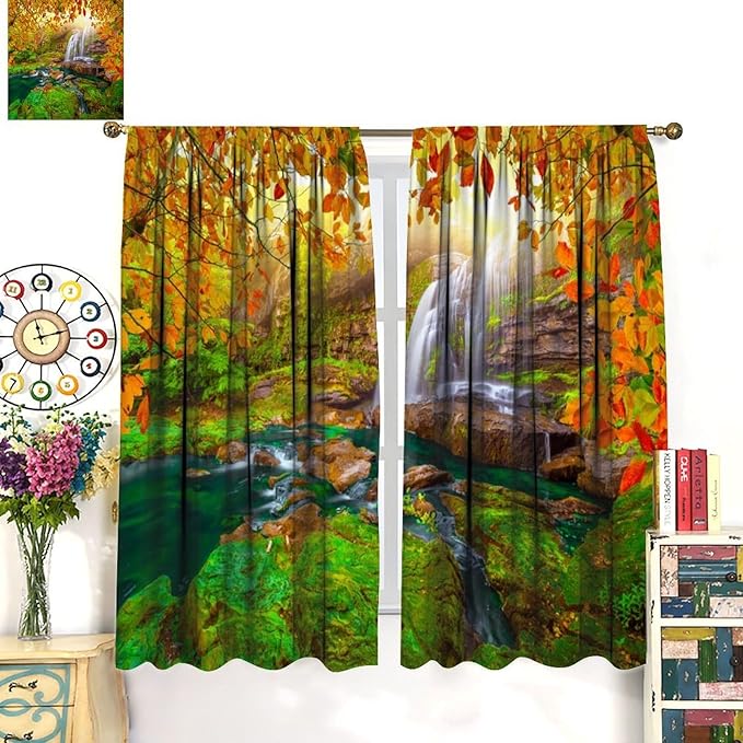 Waterfall Blackout Curtains, Waterfall Landscape Autumn Nature Leaves Forest Window Drapes, for Bedroom Living Room 42" W X 54" L