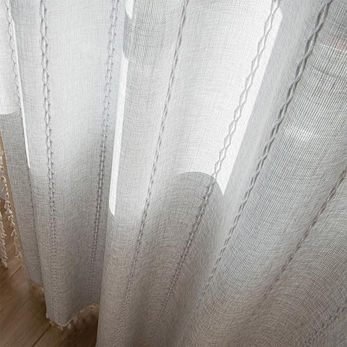 Deeprove Sheer Boho Curtains 63 inches Length for Cafe Closet Kitchen, Vintage Bohemian Embroidery Farmhouse Light Filter Privacy Country Tassel Window Treatments, W52 x L63,Silver Grey, 1 Panel