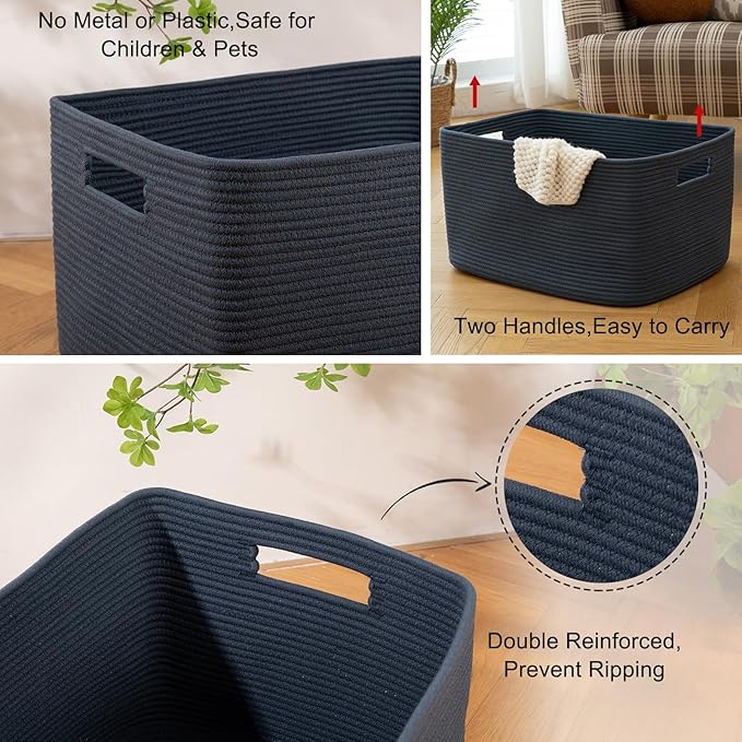 OIAHOMY 118L XXXLarge Cotton Rope Storage Basket, Oversized Blanket Basket, Used for Organizing Dirty Clothes in Living Room, Bedroom, Nursery, Dog Toy Storage Bins, 25" x 17" x 16",Blue