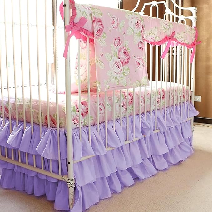 Ruffled Crib Bed Skirt: 3 Tiered Ruffled Crib Skirt Baby Girl Nursery Toddler Bedding Dust Ruffle, 17.7" Deep Drop- Fits Standard Cribs,28"x 52" (Purple)