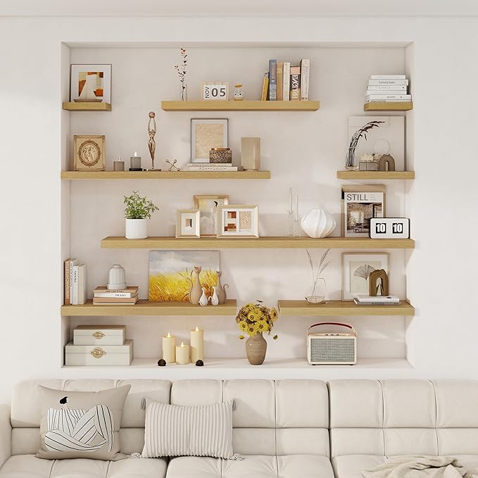 Fun Memories 12 Deep Floating Shelves for Wall | 30W x 12D Large Floating Shelves | 3 Pack Storage Space Wall Mount Shelf for Living Room Bathroom Toilet Laundry Room Kitchen Home Office - Oak